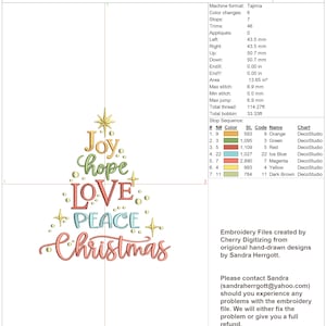 May include: A Christmas-themed embroidery design featuring the words "Joy, Hope, Love, Peace, Christmas" in various colors. The design includes star accents and is presented on a white background. The height is 3.99 inches.