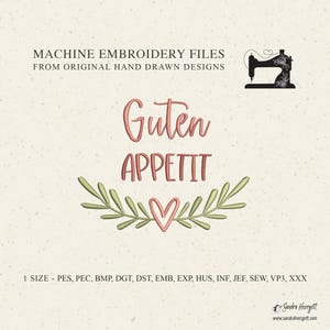 Puede incluir: Archivos de bordado a máquina con las palabras "Guten Appetit" en fuente cursiva, rodeadas por un diseño de hojas verdes y un corazón rosa. La imagen incluye el texto "MACHINE EMBROIDERY FILES FROM ORIGINAL HAND DRAWN DESIGNS".