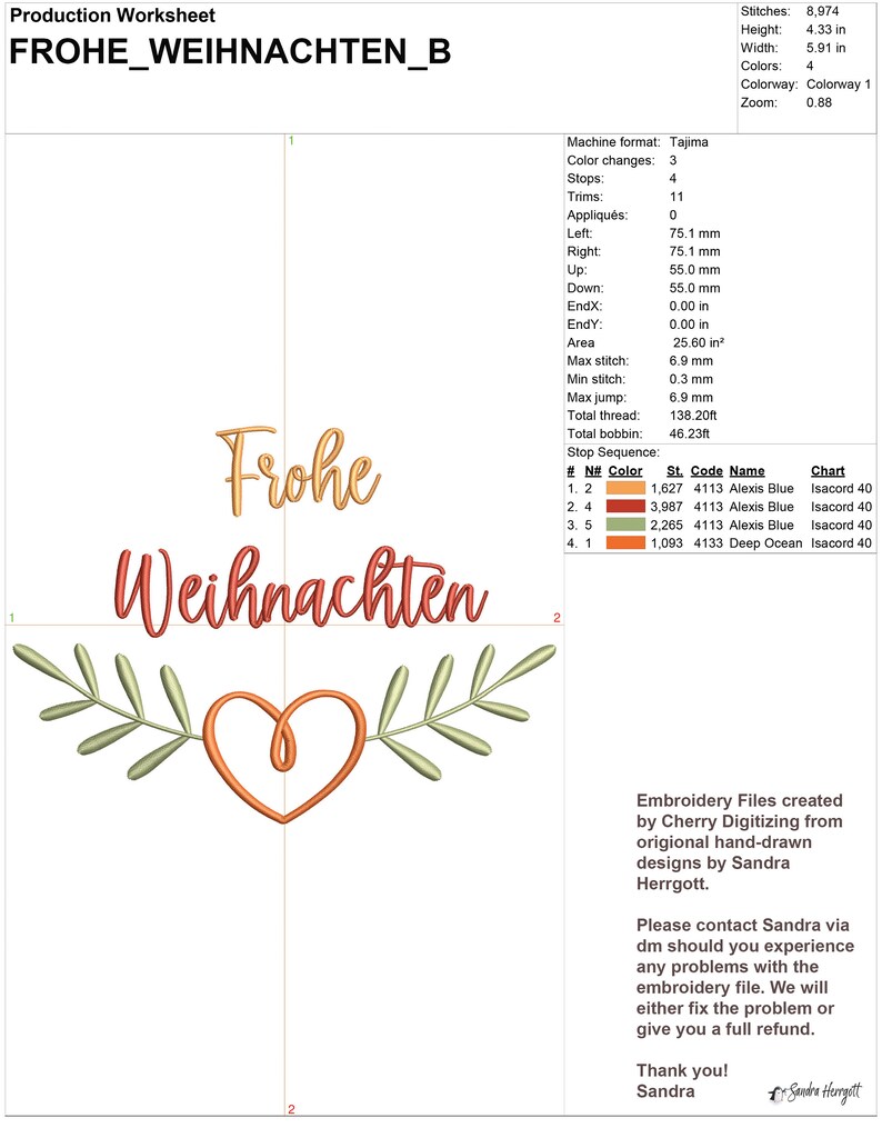 May include: An embroidery design featuring the German words "Frohe Weihnachten" (Merry Christmas) in orange and red script, with a heart and olive branches in green and orange. The design is for machine embroidery.