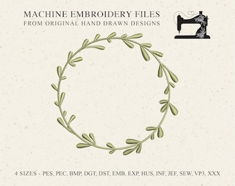 Green Laurel Wreath machine embroidery design pattern file, sweet botanical leaf plant greenery boho fill stitch pes pec dgt dot vp3 xxx sew