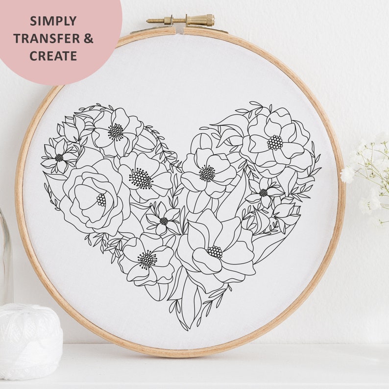 Floral Heart Hand Embroidery PDF Pattern Template Botanical - Etsy Ireland