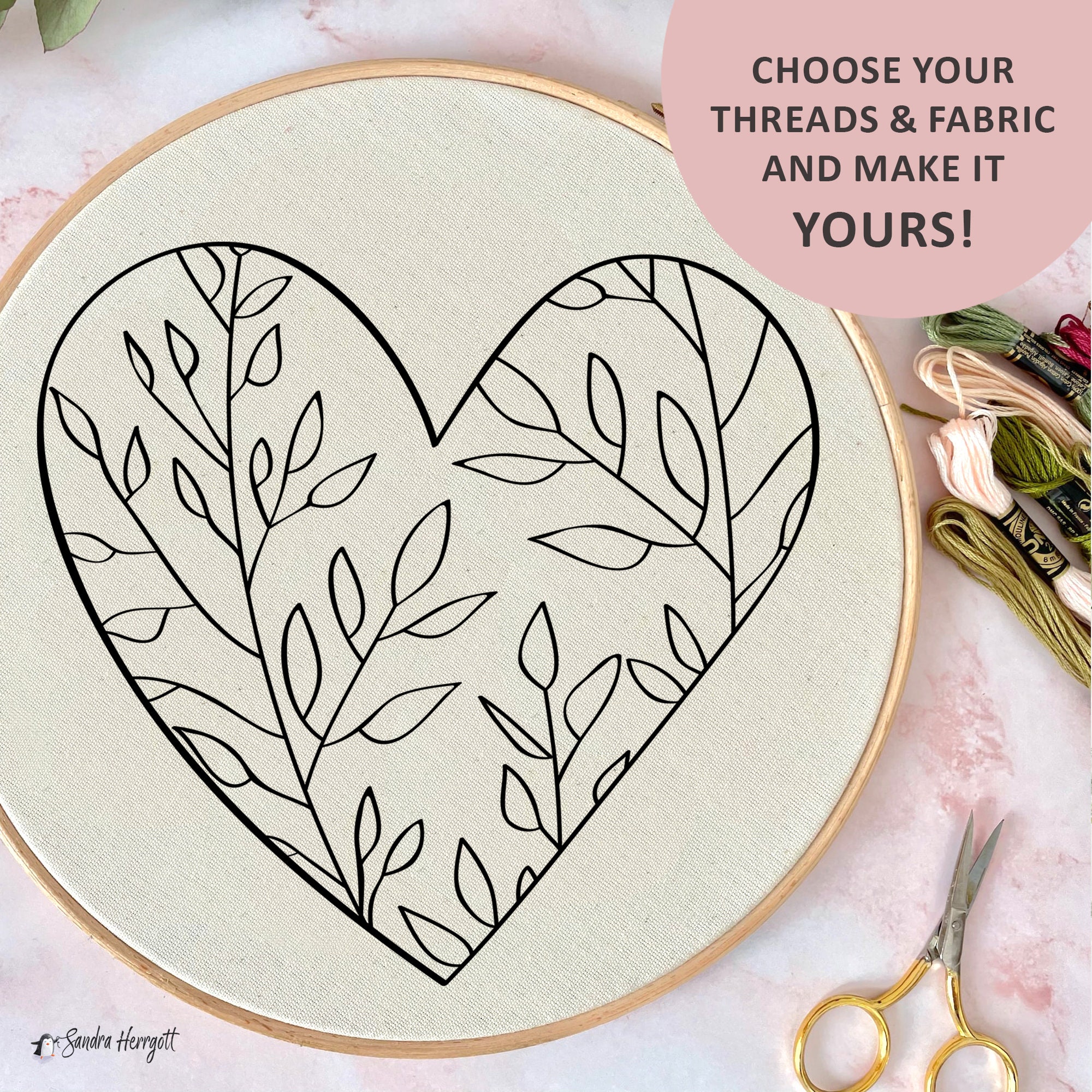 Floral Heart Hand Embroidery PDF Pattern Template, Botanical Digital ...