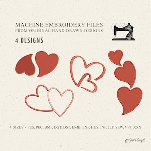 Op de afbeelding: Machine borduur bestanden met vier hart ontwerpen in verschillende stijlen. De afbeelding bevat de tekst "MACHINE EMBROIDERY FILES FROM ORIGINAL HAND DRAWN DESIGNS" en "4 DESIGNS". Een vintage naaimachine silhouet is zichtbaar.