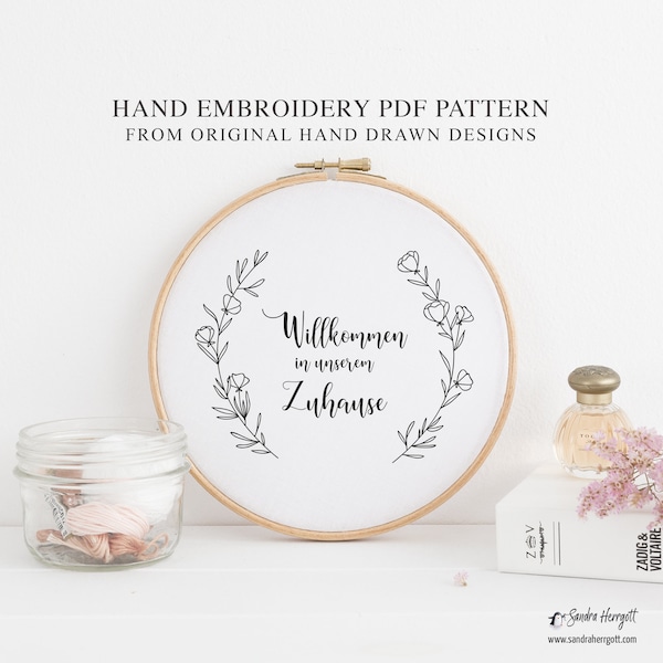 German Willkommen Wreath Hand Embroidery PDF Pattern Template, Cute Digital Stitching File, Sweet Hoop Art, German Florals, wildflower