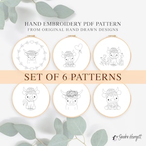 May include: Set of six hand embroidery PDF patterns featuring cute Highland cow designs. Each pattern is displayed in a hoop, showcasing different poses and accessories, including a heart balloon, flowers, and a floral crown.