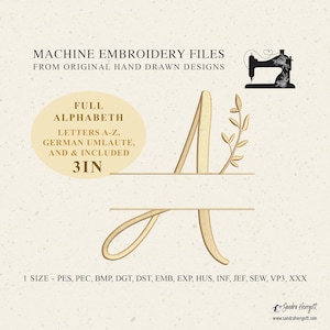 Puede incluir: Archivos de bordado a máquina de diseños originales dibujados a mano. La imagen presenta la letra "A" dorada con un elemento de hoja decorativo. El texto incluye "Alfabeto completo", "Letras A-Z" y "3 in". Una silueta de máquina de coser está en la esquina superior derecha.