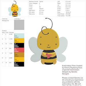 May include: An embroidered design of a bee sitting and holding a heart. The bee is yellow and black with light blue wings. The text "BEE SITTING HEART SIZE 4" is at the top. The design is 4.90 inches high and 4.08 inches wide.