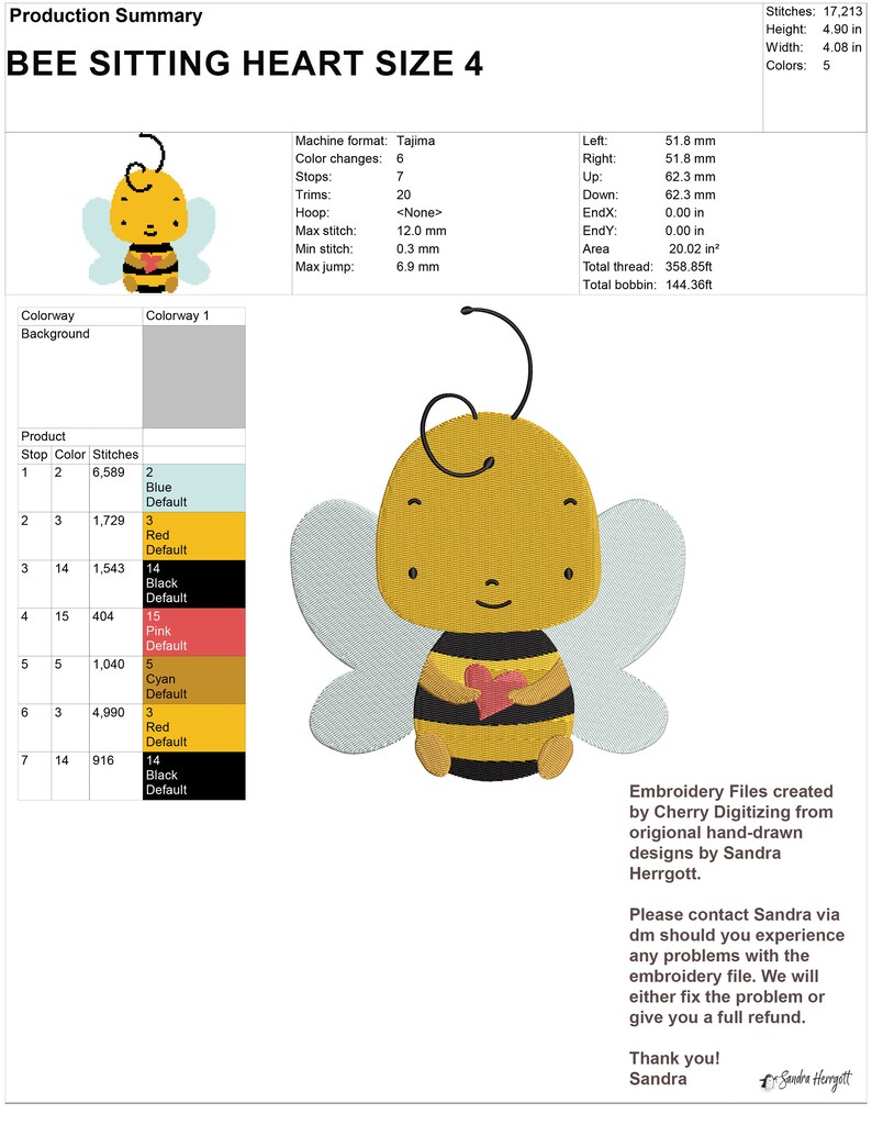 May include: An embroidered design of a bee sitting and holding a heart. The bee is yellow and black with light blue wings. The text "BEE SITTING HEART SIZE 4" is at the top. The design is 4.90 inches high and 4.08 inches wide.