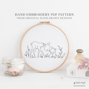Mother Doe and Baby Fawn Hand Embroidery PDF Pattern Template, Cute Baby Forest Animal Hoop Art Design, Deer Mum Love Care Motherhood Parent