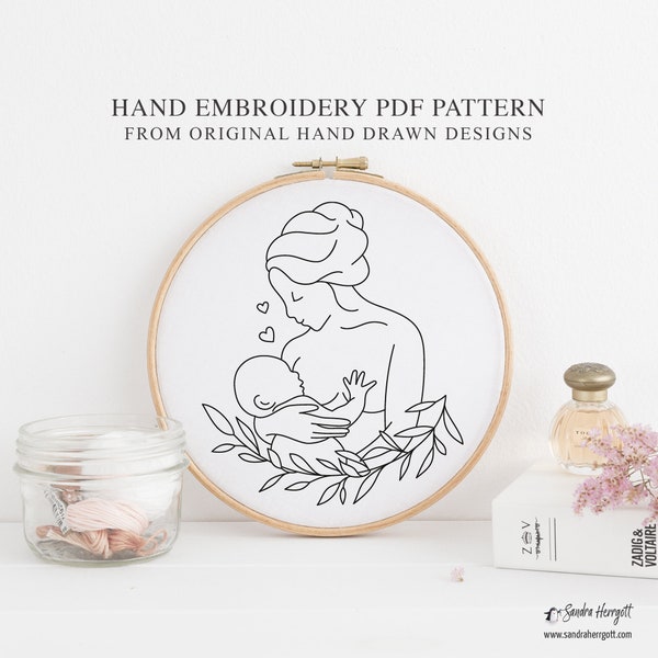 Breast Feeding Mother Hand Embroidery PDF Pattern Template, Newborn Digital Stitching File, Mum Hoop Art Design Parenthood Motherhood Baby