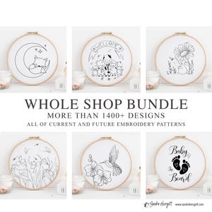 May include: A collection of six embroidery hoop designs, including a fox sleeping under a crescent moon, a group of farm animals with a welcome banner, a sunflower with a bee and a bunny, a hummingbird with flowers, a daffodil with butterflies, and a baby footprint design with the text "Baby on Board".