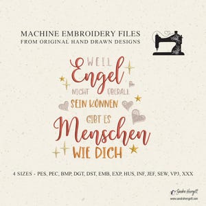 Könnte beinhalten: Maschinenstickdateien aus original handgezeichneten Designs. Das Bild zeigt den Text "Weil Engel nicht überall sein können, gibt es Menschen wie dich" in Rot und Gold, mit dekorativen Herzen und Sternen.