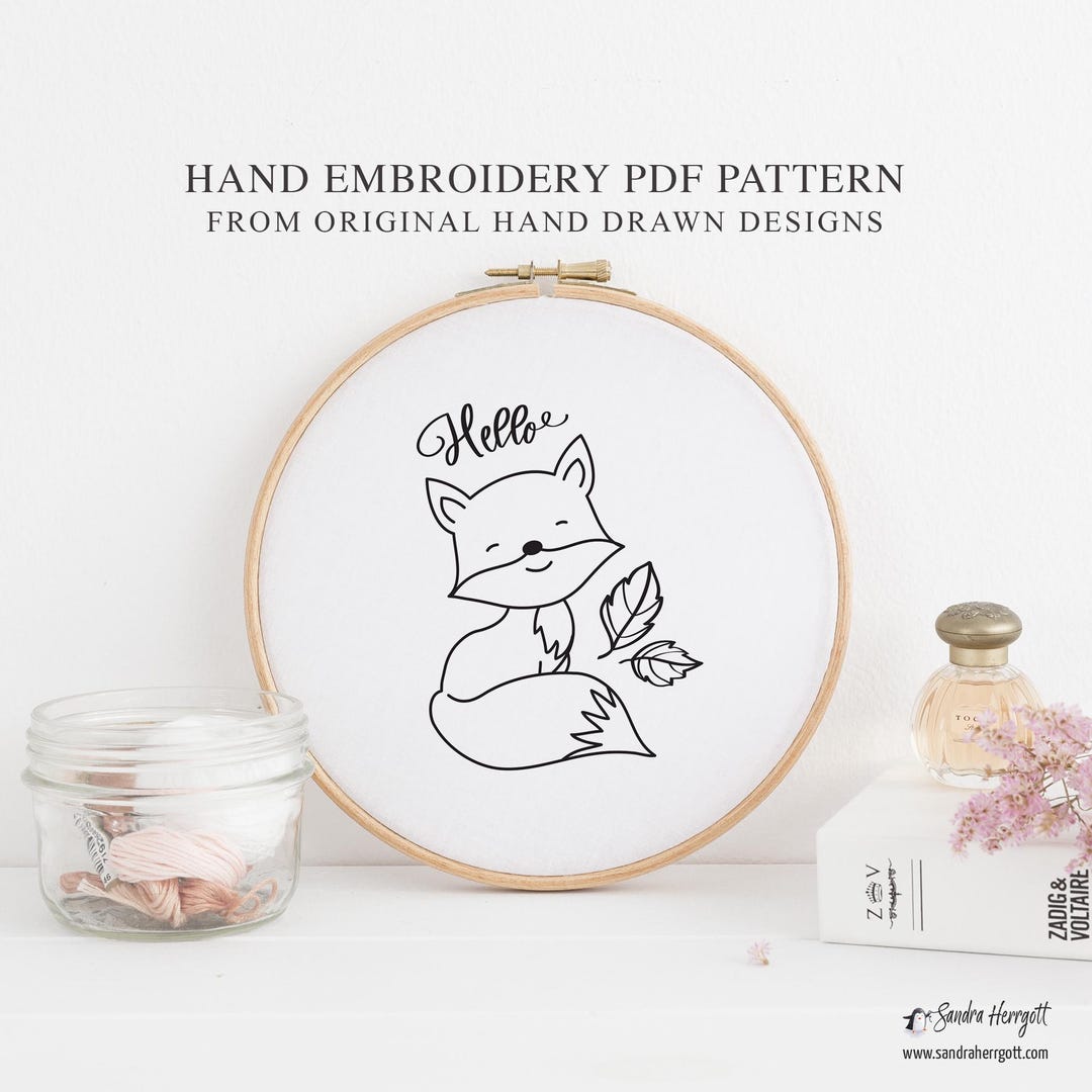 Cute Hello Fox Hand Embroidery PDF Pattern Template, Sweet Fall Animal ...