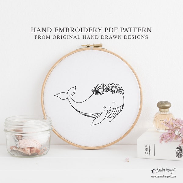 Daisy Flower Orca Hand Embroidery PDF Pattern Template, Ocean Animal Digital Stitching File Cute Sea Creature Nursery Hoop Art Design Floral