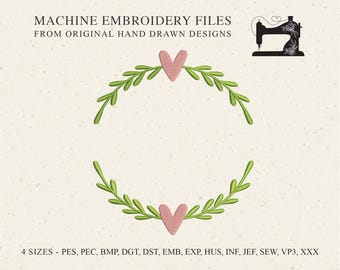 Heart Wreath full stitch machine embroidery design pattern file, sweet botanical leaf wedding engagement valentine birthday deco pes pec dgt