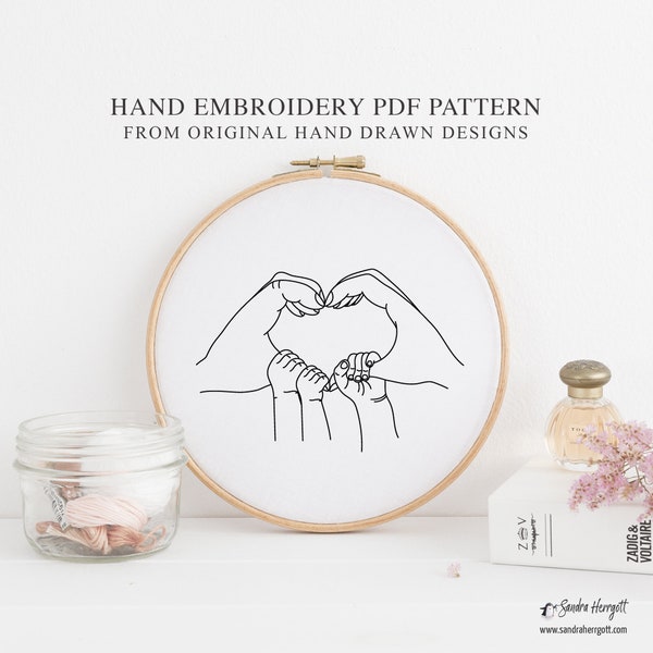 Baby and Parent Hands Hand Embroidery PDF Pattern Template, Heart-shaped Hoop Art Design Mum Dad Parenthood Child Mother Father Family of 5