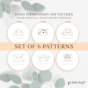 Könnte beinhalten: Ein Set aus 6 Handstickerei-PDF-Mustern mit handgezeichneten Motiven von Elefant, Leopard, Löwe, Nashorn, Affe und Hochlandrind. Jedes Tier ist in einem runden Holzrahmen dargestellt und enthält eine Leerzeile zur individuellen Beschriftung.
