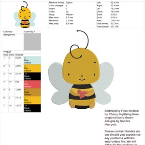 May include: An embroidered design of a cartoon bee holding a red heart. The bee has a yellow body with black stripes, light blue wings, and a smiling face. The text "BEE SITTING HEART SIZE 5" is at the top.