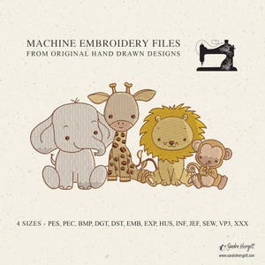 Safari Friends machine embroidery design pattern file, cute baby animal nursery sweet boy girl kid fill stitch elephant giraffe lion monkey