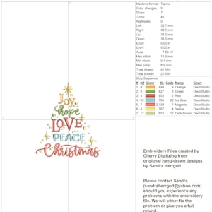 May include: A Christmas tree design with the words "Joy, Hope, Love, Peace, Christmas" in various colors. The design includes stars and decorative elements, perfect for embroidery projects or holiday crafts.