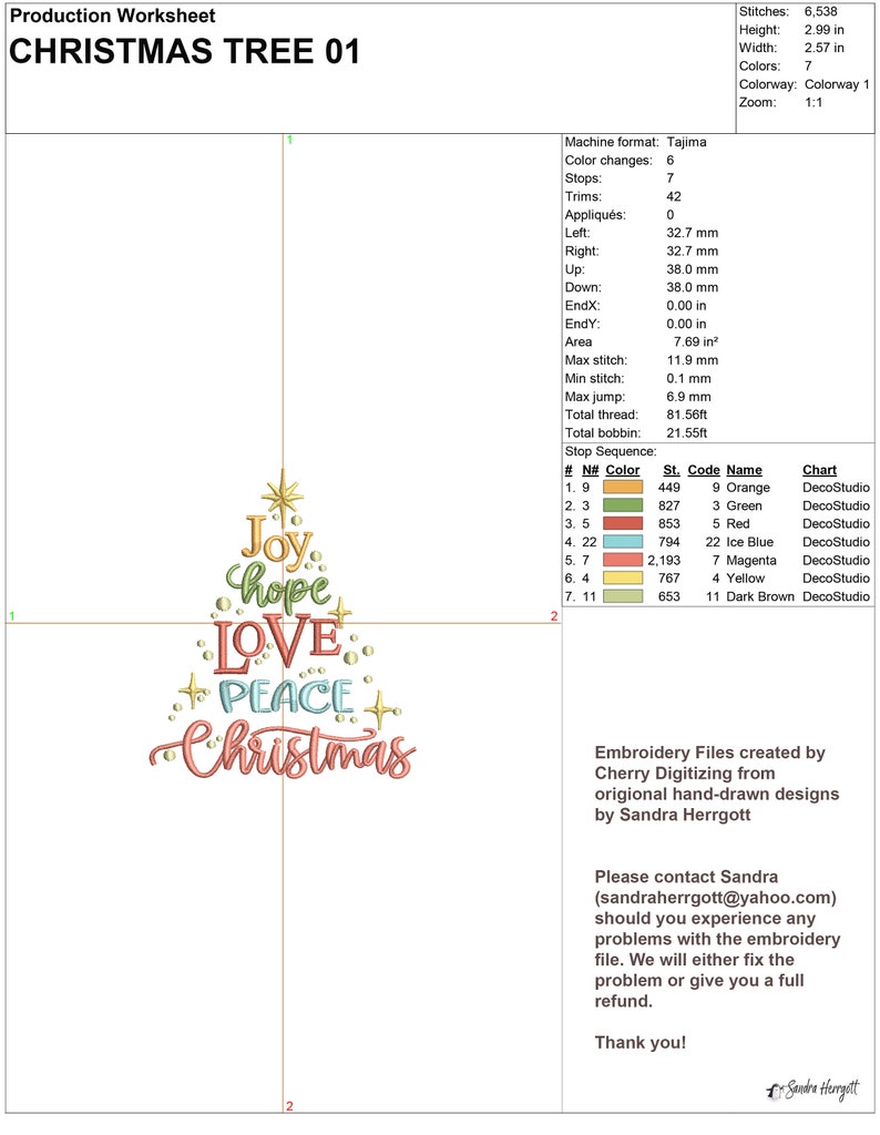 May include: A Christmas tree design with the words "Joy, Hope, Love, Peace, Christmas" in various colors. The design includes stars and decorative elements, perfect for embroidery projects or holiday crafts.
