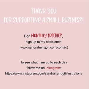 May include: A light pink graphic with the text "THANK YOU FOR SUPPORTING A SMALL BUSINESS!". Additional text includes information about monthly freebies and an Instagram account for daily updates.