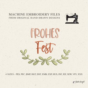 Könnte beinhalten: Digitale Maschinenstickdateien mit den Worten "FROHES Fest" in einer dekorativen Schriftart, mit einem grünen Blattdesign. Das Bild enthält eine Nähmaschinen-Grafik und den Text "MACHINE EMBROIDERY FILES FROM ORIGINAL HAND DRAWN DESIGNS".