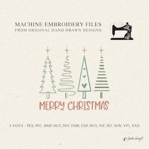 May include: Machine embroidery files with four Christmas tree designs in green and gold, and the words "MERRY CHRISTMAS" in red. The image includes a sewing machine graphic and the text "FROM ORIGINAL HAND DRAWN DESIGNS".