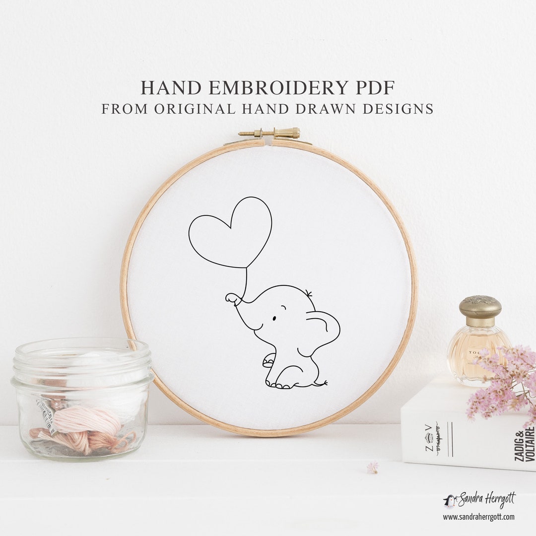 Elephant Balloon Hand Embroidery PDF Pattern Template, Birthday Digital ...