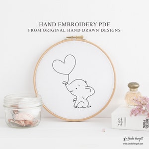 Elephant Balloon Hand Embroidery PDF Pattern Template, Birthday Digital Stitching File, Sweet Jungle Animal Hoop Art Design, Nursery Safari