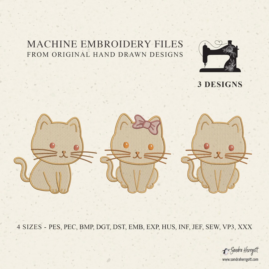 Cute Cat Machine Embroidery Design Pattern File, Sweet Kitten Bow ...