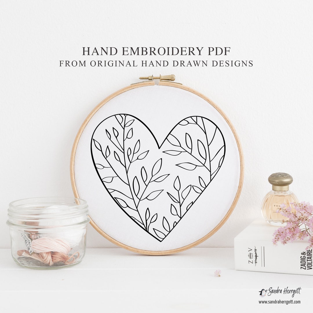 Floral Heart Hand Embroidery PDF Pattern Template, Botanical Digital ...