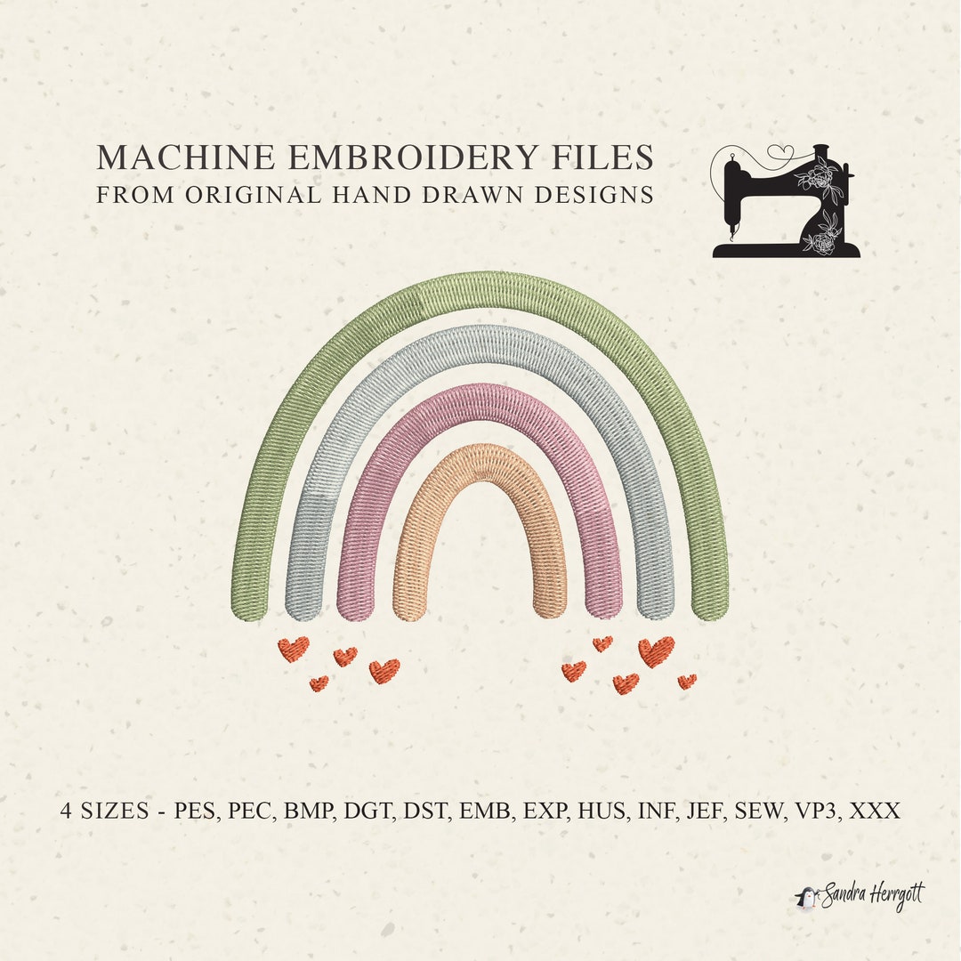 Cute Boho Rainbow Machine Embroidery Design Pattern File, Heart ...