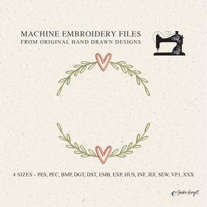 May include: Machine embroidery design featuring a wreath of green leaves with two pink hearts in the center. The design is available in four sizes and multiple file formats, including PES, PEC, BMP, DGT, DST, EMB, EXP, HUS, INF, JEF, SEW, VP3, and XXX.