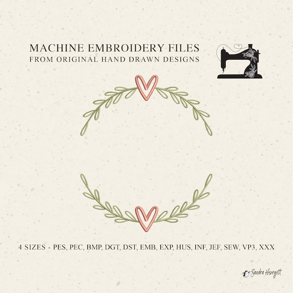 Wreath Heart machine embroidery design pattern file, sweet botanical leaf design for wedding engagement valentine birthday pes pec dgt vp3