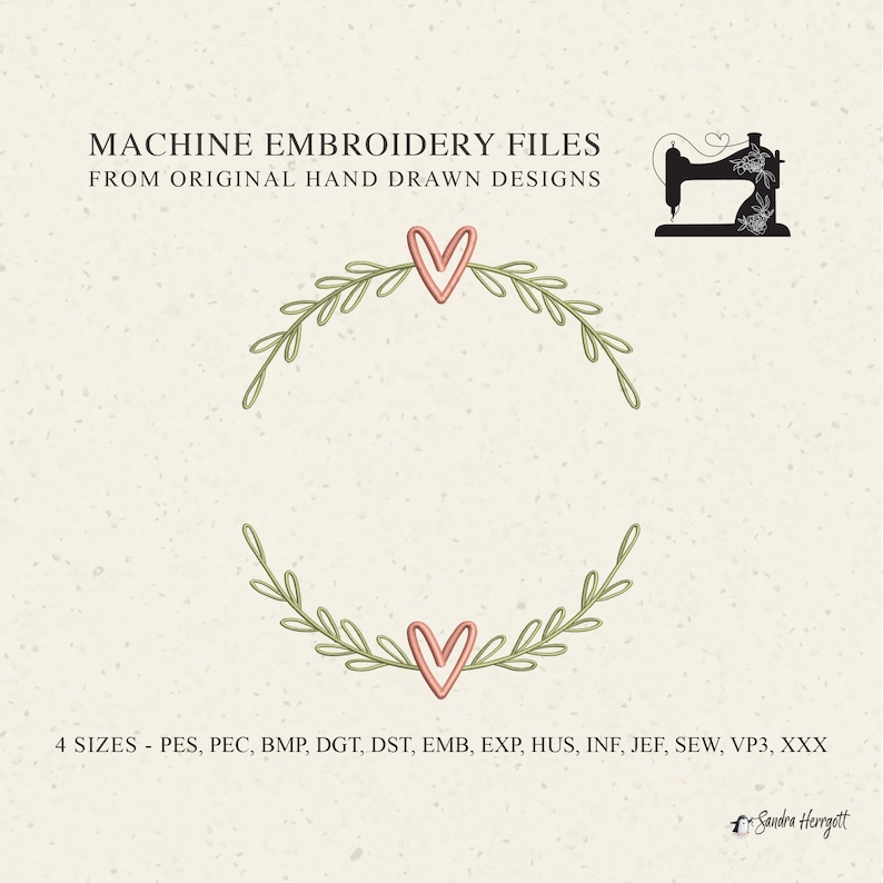 May include: Machine embroidery design featuring a wreath of green leaves with two pink hearts in the center. The design is available in four sizes and multiple file formats, including PES, PEC, BMP, DGT, DST, EMB, EXP, HUS, INF, JEF, SEW, VP3, and XXX.