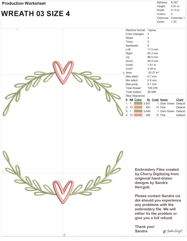 May include: A digital embroidery design of a green wreath with a pink heart in the center. The design is labeled "WREATH 03 SIZE 4".