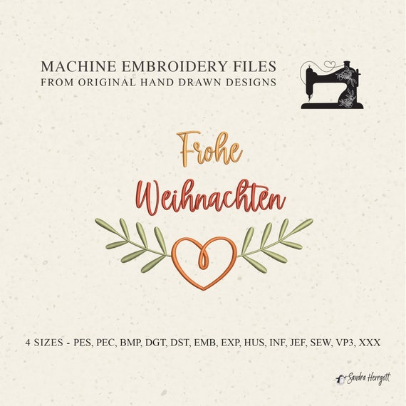 GERMAN Frohe Weihnachten embroidery design pattern file, festive lettered phrase xmas holiday celebration botanical heart branch decor quote