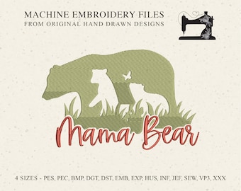 Mama Bear with Cubs Machine Embroidery Design File Pattern, Cute Mothers Day Birthday Valentine Home Decor Gift for Her Sweet Animal Walking