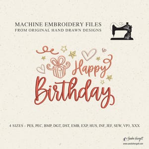 Grattis på födelsedagen maskinbroderi designmönster fil, söt handbokstäver citat girly party firande hjärta gåva grattis dekor
