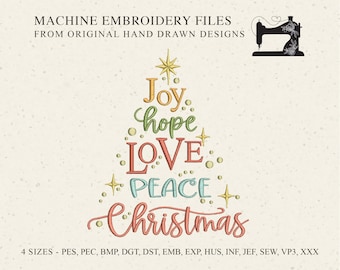 Christmas Tree machine embroidery design pattern, Joy Hope Love Peace Star pes pec dgt vp3 xxx sew jef inf sweet home decor design pillow