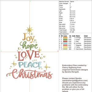 May include: A Christmas tree design with the words "Joy, Hope, Love, Peace, Christmas" in various colors. The design includes gold stars and small circles. The height is 4.99 inches and the width is 4.27 inches.