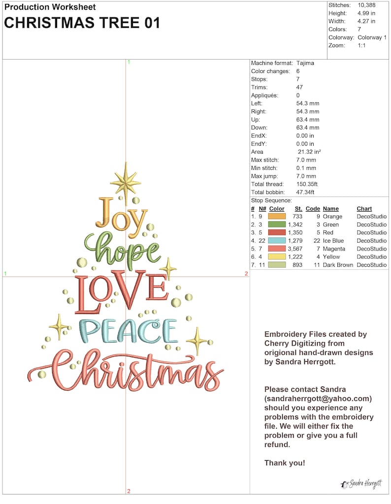 May include: A Christmas tree design with the words "Joy, Hope, Love, Peace, Christmas" in various colors. The design includes gold stars and small circles. The height is 4.99 inches and the width is 4.27 inches.