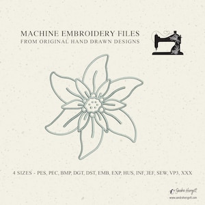 May include: A digital design for machine embroidery featuring a detailed flower outline in a soft teal color. The image includes the text "MACHINE EMBROIDERY FILES FROM ORIGINAL HAND DRAWN DESIGNS" and a list of file formats.