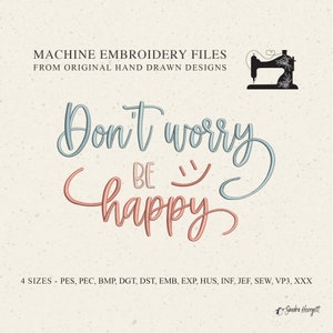 Puede incluir: Archivo de diseño de bordado a máquina para un diseño de bordado azul y rosa que dice "No te preocupes, sé feliz".