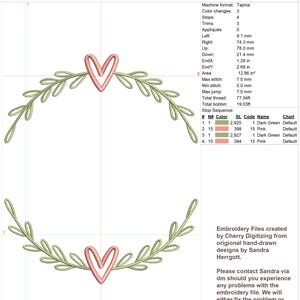 May include: A digital embroidery design featuring a green wreath with a pink heart in the center. The design is labeled "Wreath 03 Size 3".