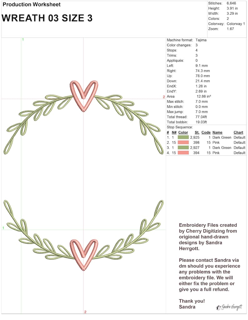 May include: A digital embroidery design featuring a green wreath with a pink heart in the center. The design is labeled "Wreath 03 Size 3".