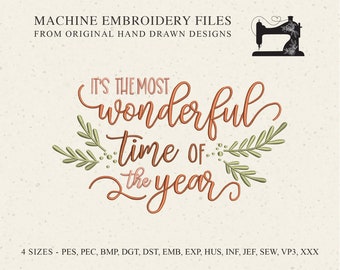 It's the most wonderful time of the year machine embroidery design pattern file, sweet festive Christmas holiday season xmas lettered quote
