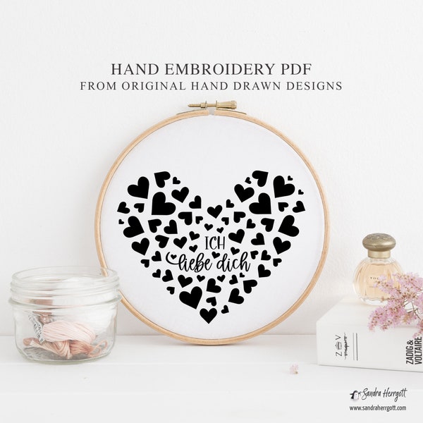 Ich liebe dich GERMAN Heart Hand Embroidery PDF Pattern Template, Design Digital Stitching File, Peony Hoop Art Design, Lettering Passion