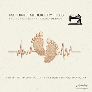 May include: Machine embroidery files featuring a design of two baby footprints and a heartbeat line in a tan color. The text "MACHINE EMBROIDERY FILES FROM ORIGINAL HAND DRAWN DESIGNS" is at the top. The image also includes the website address sandraherrgott.com.